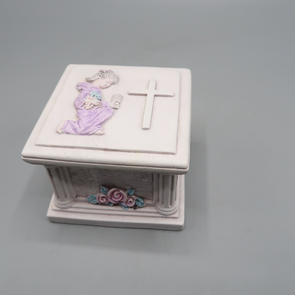 Resin First Communion Trinket Box White Purple Rosary Bead Chest 2"